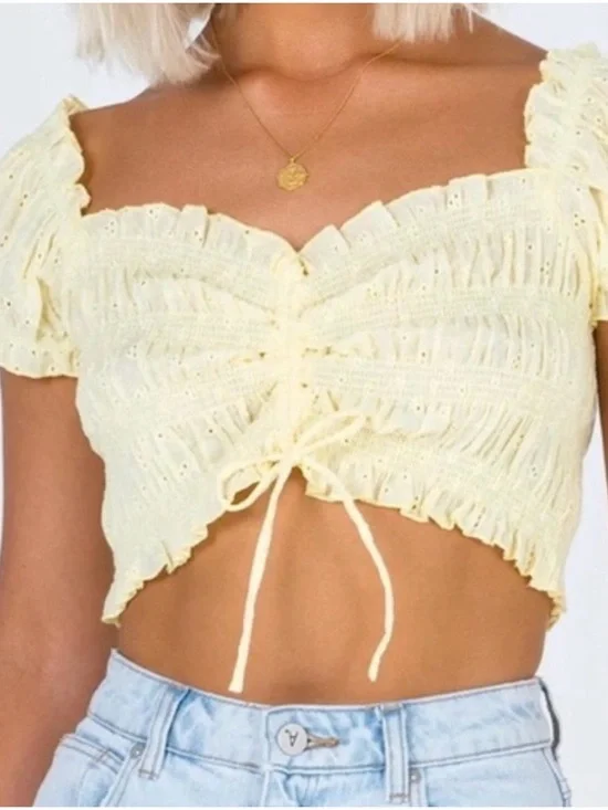 Princess Polly Butter Yellow Eyelet Ruched Crop Top - Picture 1 of 4